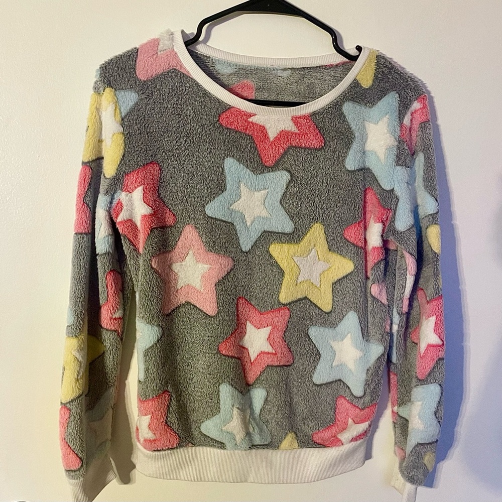 Soft fuzzy starry sweater pullover comfy cute pastel gray